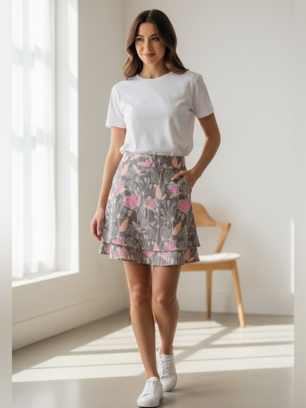 Floral Gray & Pink Circle Skirt